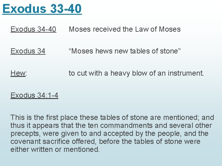 Exodus 33 -40 Exodus 34 -40 Moses received the Law of Moses Exodus 34