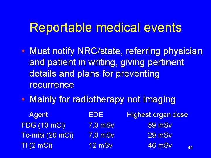 Reportable medical events • Must notify NRC/state, referring physician and patient in writing, giving