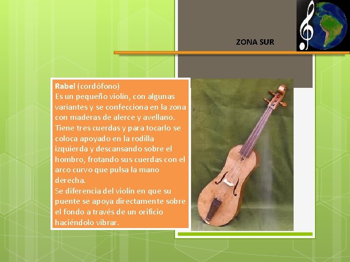 ZONA SUR Rabel (cordófono) Es un pequeño violín, con algunas variantes y se confecciona
