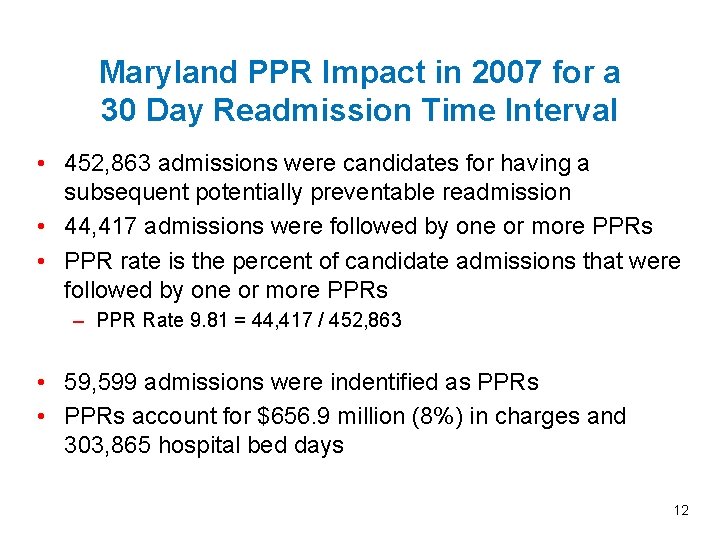 Maryland PPR Impact in 2007 for a 30 Day Readmission Time Interval • 452,