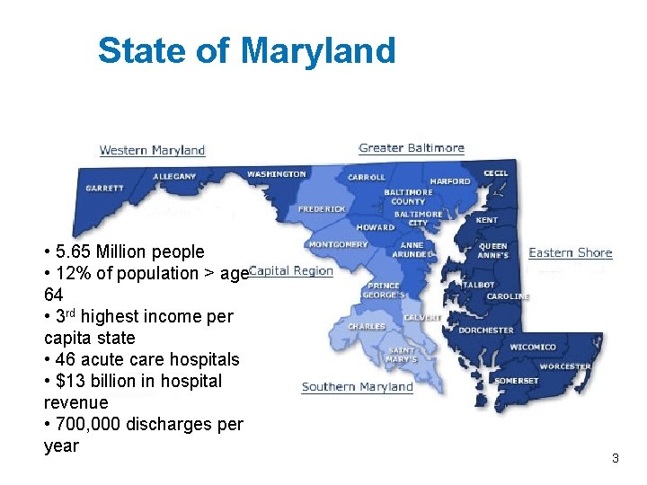 State of Maryland • 5. 65 Million people • 12% of population > age
