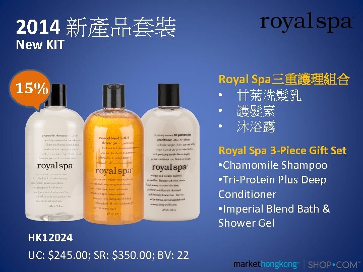 2014 新產品套裝 New KIT 15% HK 12024 UC: $245. 00; SR: $350. 00; BV: