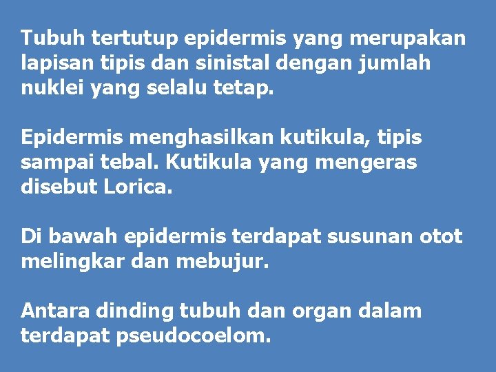 Tubuh tertutup epidermis yang merupakan lapisan tipis dan sinistal dengan jumlah nuklei yang selalu
