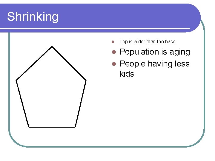 Shrinking l Top is wider than the base Population is aging l People having