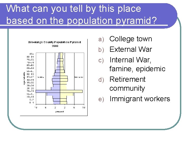 What can you tell by this place based on the population pyramid? a) b)