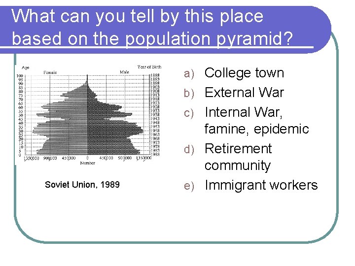 What can you tell by this place based on the population pyramid? a) b)