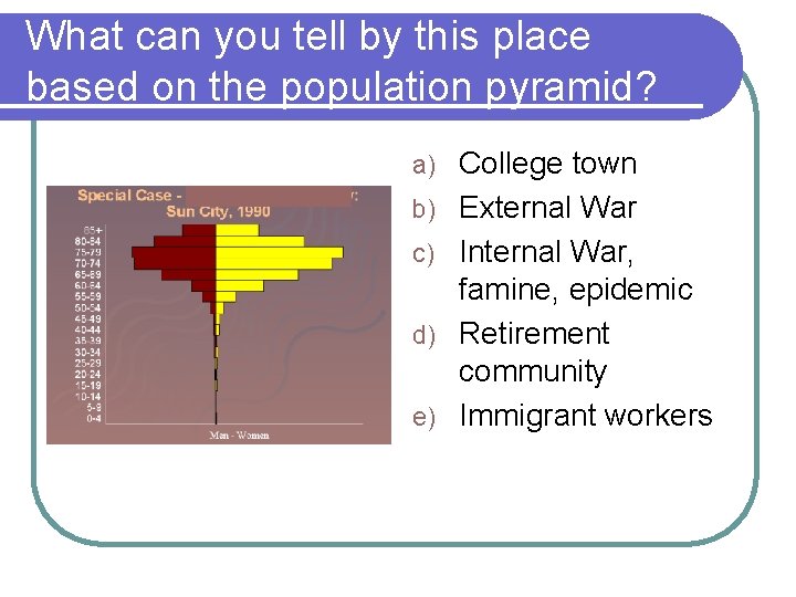 What can you tell by this place based on the population pyramid? a) b)