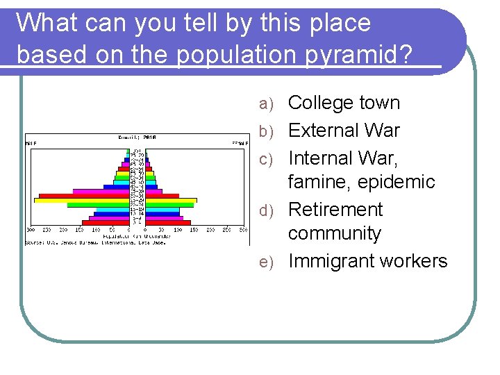 What can you tell by this place based on the population pyramid? a) b)