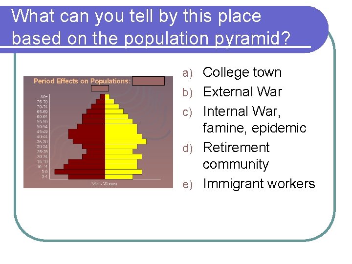 What can you tell by this place based on the population pyramid? a) b)