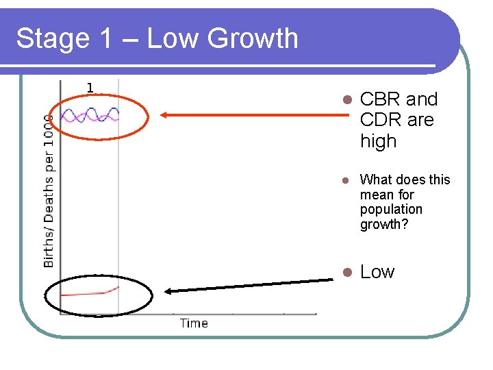 Stage 1 – Low Growth l CBR and CDR are high l What does