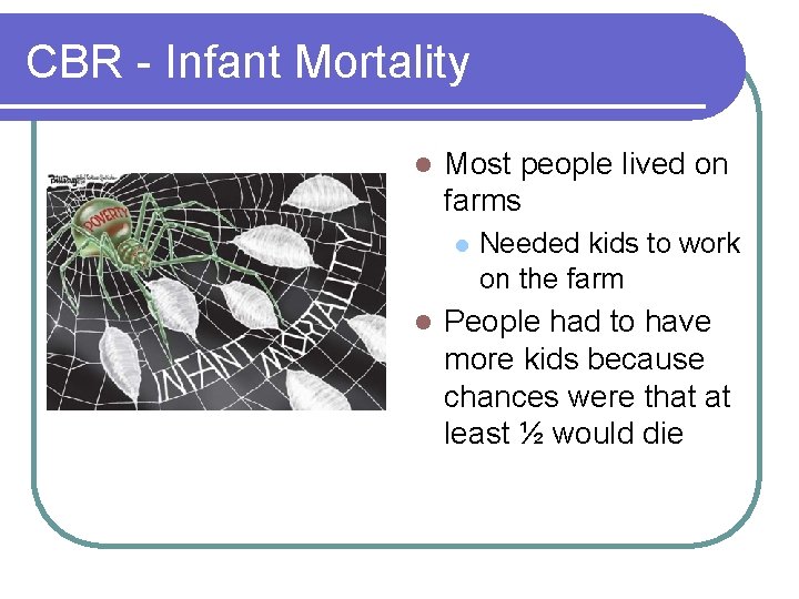 CBR - Infant Mortality l Most people lived on farms l l Needed kids