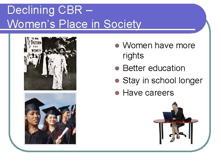 Declining CBR – Women’s Place in Society Women have more rights l Better education