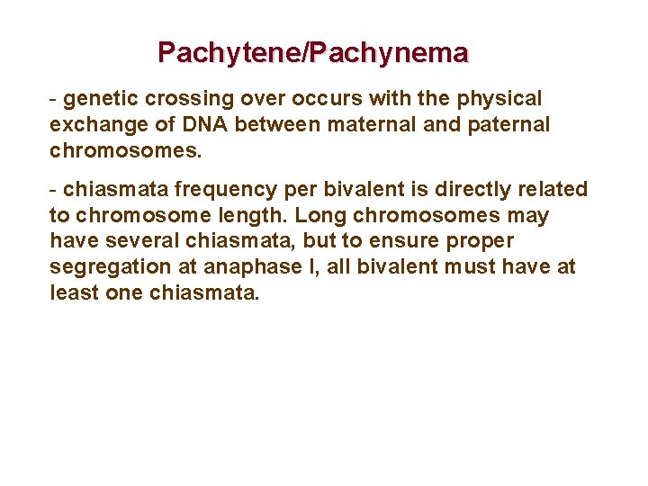 Pachytene/Pachynema - genetic crossing over occurs with the physical exchange of DNA between maternal