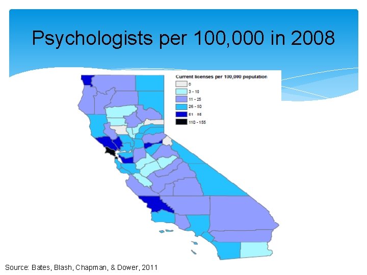 Psychologists per 100, 000 in 2008 Source: Bates, Blash, Chapman, & Dower, 2011 