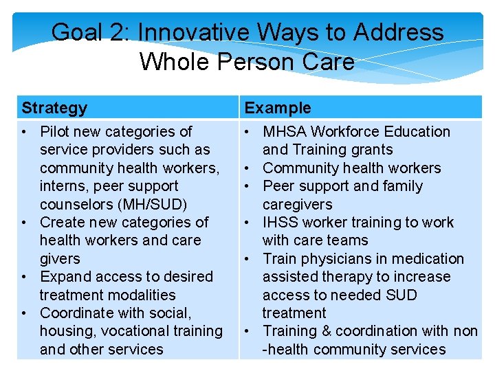 Goal 2: Innovative Ways to Address Whole Person Care Strategy Example • Pilot new