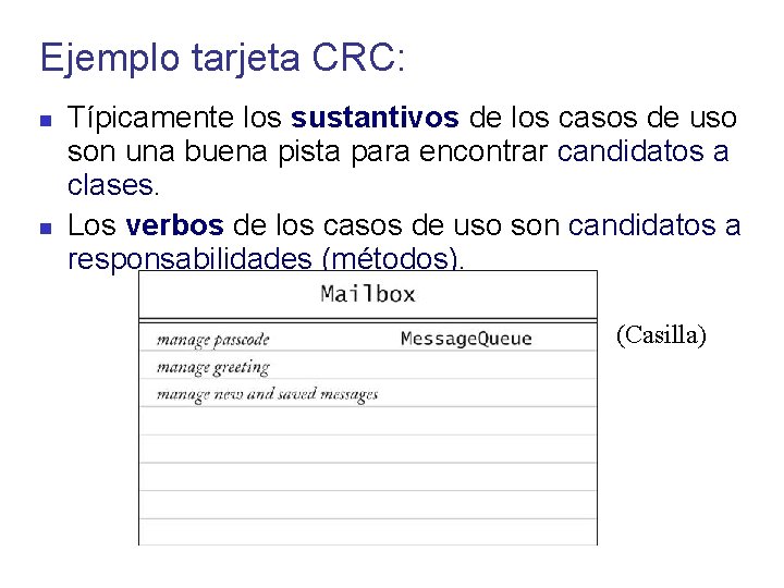Ejemplo tarjeta CRC: Típicamente los sustantivos de los casos de uso son una buena