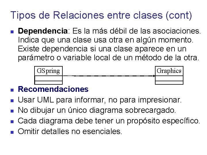 Tipos de Relaciones entre clases (cont) Dependencia: Es la más débil de las asociaciones.