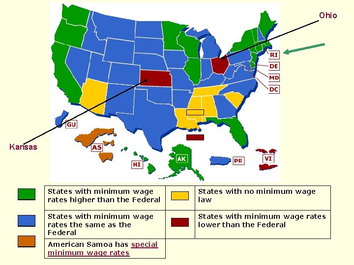 Ohio Kansas States with minimum wage rates higher than the Federal States with no