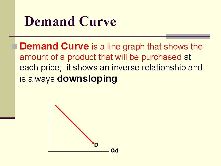 Demand Curve n Demand Curve is a line graph that shows the amount of