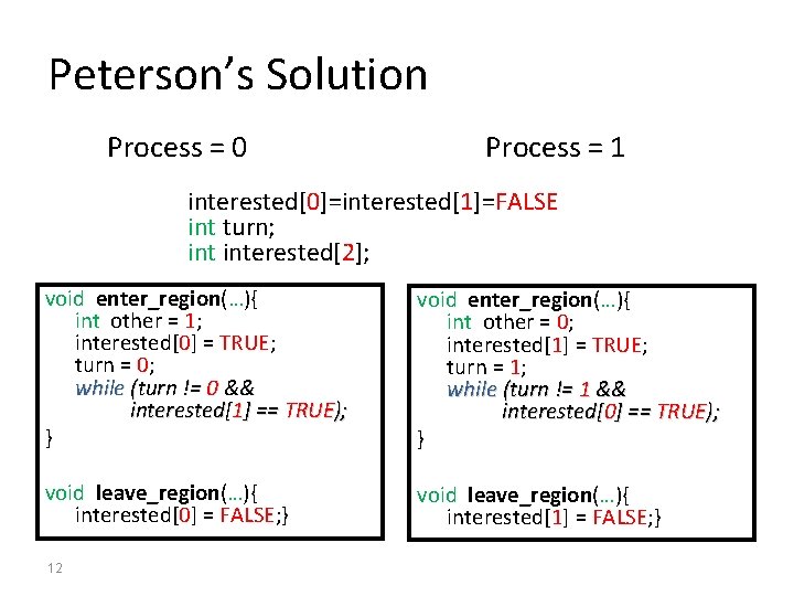 Peterson’s Solution Process = 0 Process = 1 interested[0]=interested[1]=FALSE int turn; interested[2]; void enter_region(…){