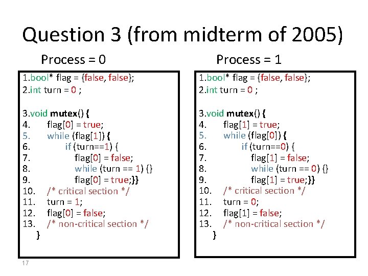 Question 3 (from midterm of 2005) Process = 0 Process = 1 1. bool*