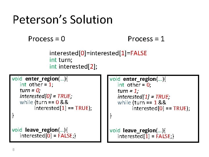 Peterson’s Solution Process = 0 Process = 1 interested[0]=interested[1]=FALSE int turn; interested[2]; void enter_region(…){