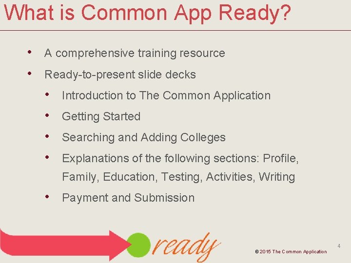 What is Common App Ready? • A comprehensive training resource • Ready-to-present slide decks