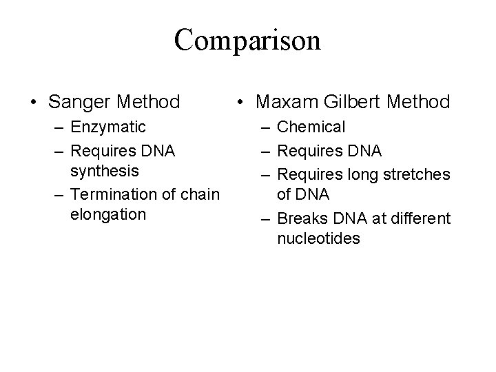 Comparison • Sanger Method – Enzymatic – Requires DNA synthesis – Termination of chain