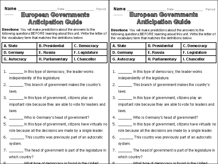 Name: ______________________ Date ________________ Period European Governments Anticipation Guide Directions: You will make predictions