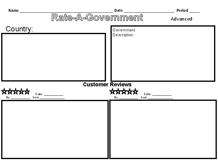 Name ______________________ Date ____________ Period _____ Rate-A-Government Country: _____________ Advanced Government Description: Customer Reviews