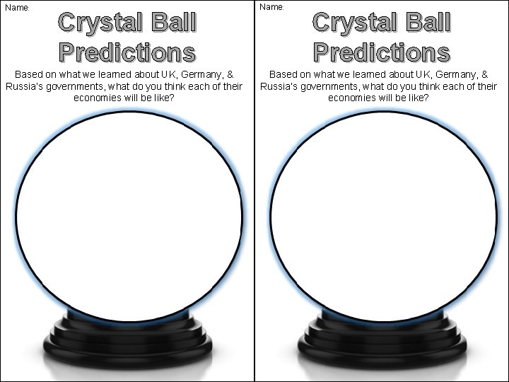 Name: Crystal Ball Predictions Based on what we learned about UK, Germany, & Russia’s