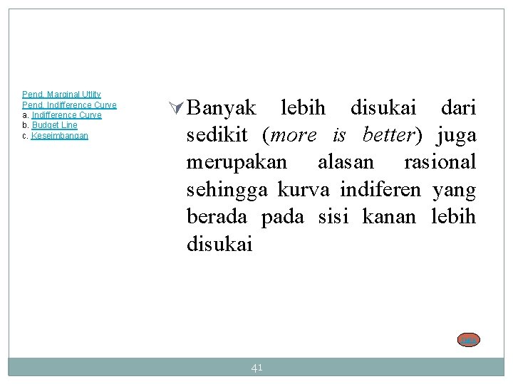 Pend. Marginal Utlity Pend. Indifference Curve a. Indifference Curve b. Budget Line c. Keseimbangan