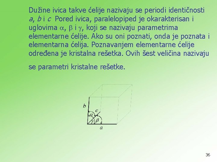 Dužine ivica takve ćelije nazivaju se periodi identičnosti a, b i c Pored ivica,