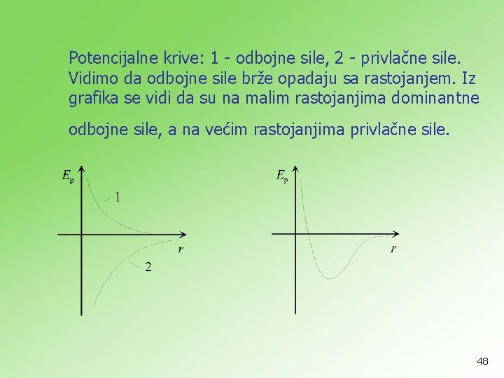 Potencijalne krive: 1 - odbojne sile, 2 - privlačne sile. Vidimo da odbojne sile