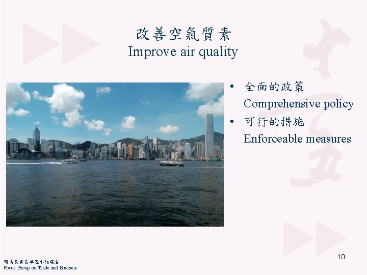 改善空氣質素 Improve air quality • 全面的政策 Comprehensive policy • 可行的措施 Enforceable measures 商業及貿易專題小組報告 Focus