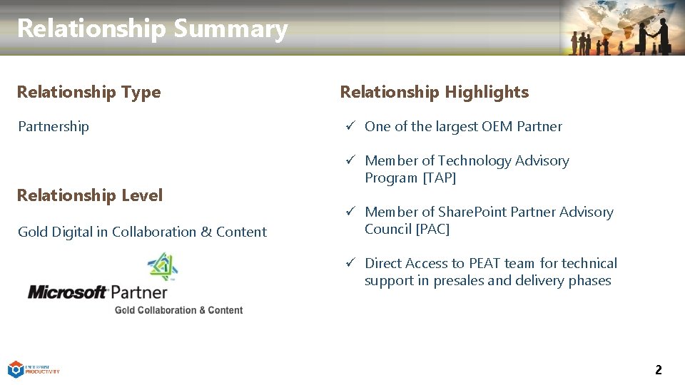 Relationship Summary Relationship Type Partnership Relationship Level Gold Digital in Collaboration & Content Relationship