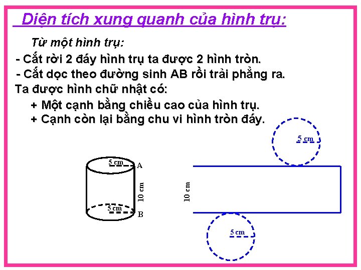 Diện tích xung quanh của hình trụ: Từ một hình trụ: - Cắt rời