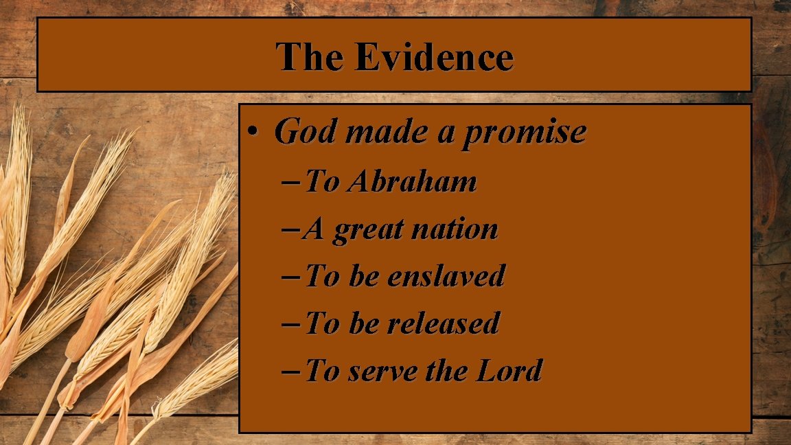 The Evidence • God made a promise – To Abraham – A great nation