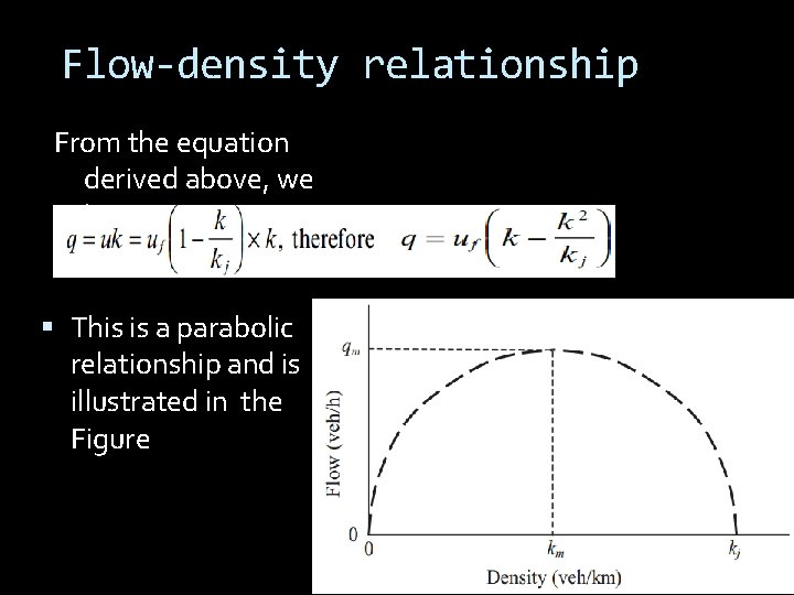 Flow-density relationship From the equation derived above, we have: This is a parabolic relationship Flow-density relationship From the equation derived above, we have: This is a parabolic relationship