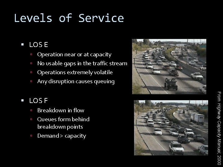 Levels of Service LOS E Operation near or at capacity No usable gaps in Levels of Service LOS E Operation near or at capacity No usable gaps in