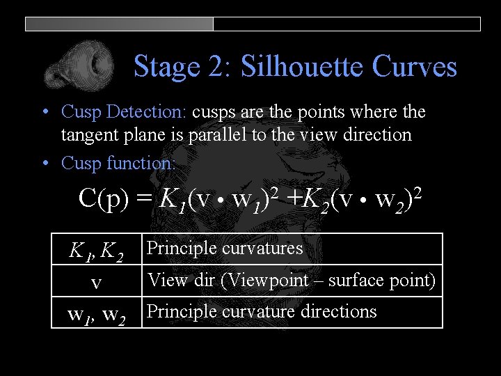 Stage 2: Silhouette Curves • Cusp Detection: cusps are the points where the tangent