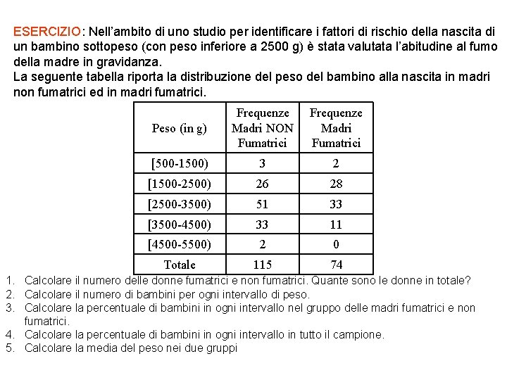 ESERCIZIO: Nell’ambito di uno studio per identificare i fattori di rischio della nascita di