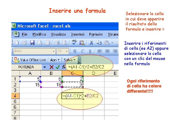 Inserire una formula Selezionare la cella in cui deve apparire il risultato della formula