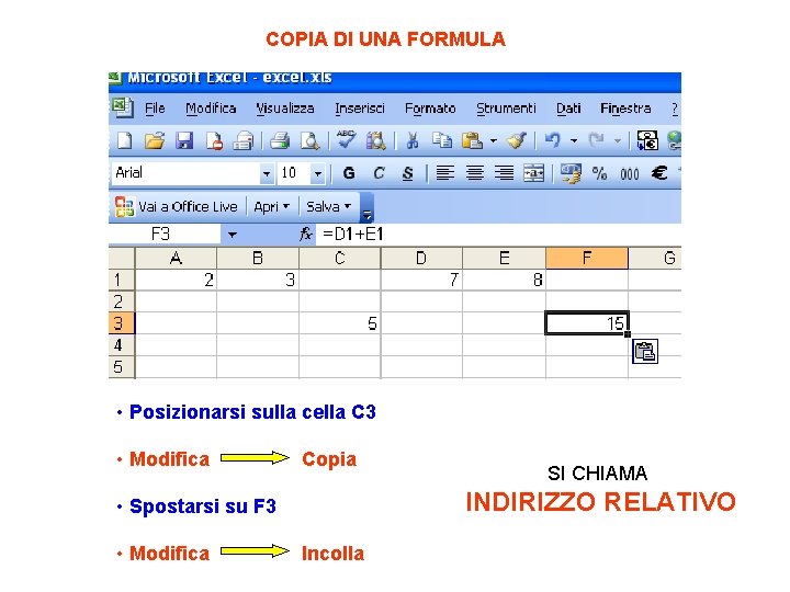 COPIA DI UNA FORMULA • Posizionarsi sulla cella C 3 • Modifica Copia INDIRIZZO