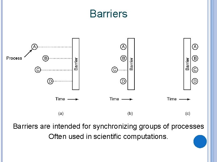 Barriers are intended for synchronizing groups of processes Often used in scientific computations. 