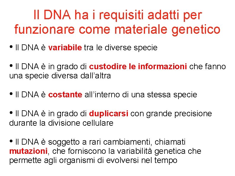 Il DNA ha i requisiti adatti per funzionare come materiale genetico • Il DNA