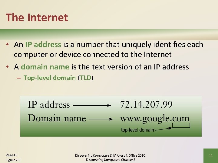 The Internet • An IP address is a number that uniquely identifies each computer