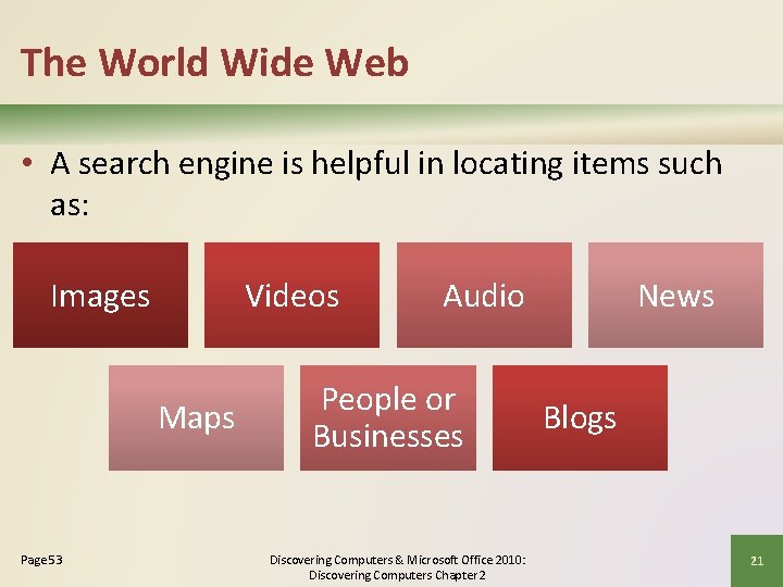 The World Wide Web • A search engine is helpful in locating items such