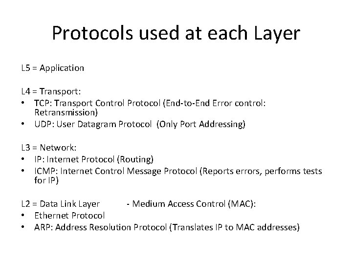 Protocols used at each Layer L 5 = Application L 4 = Transport: •