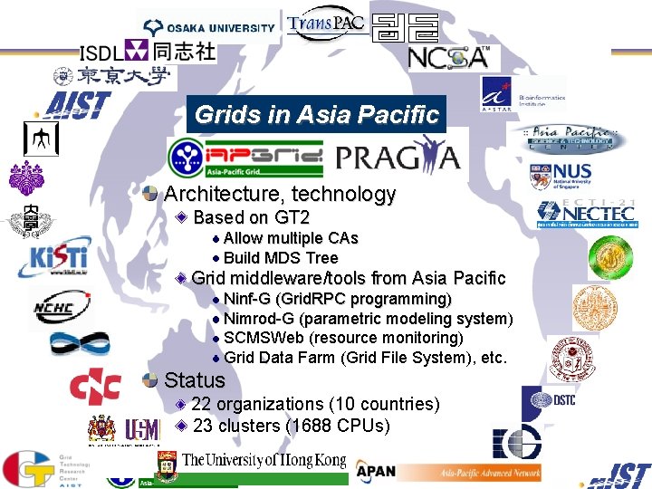 Grids in Asia Pacific Architecture, technology Based on GT 2 Allow multiple CAs Build